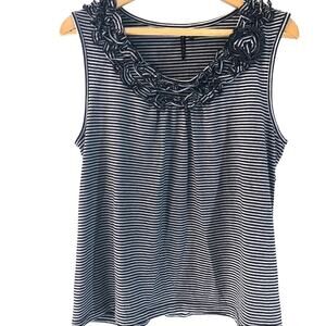 Allie & Rob blue striped sleeveless top ruffled fabric flowers stretchy XL